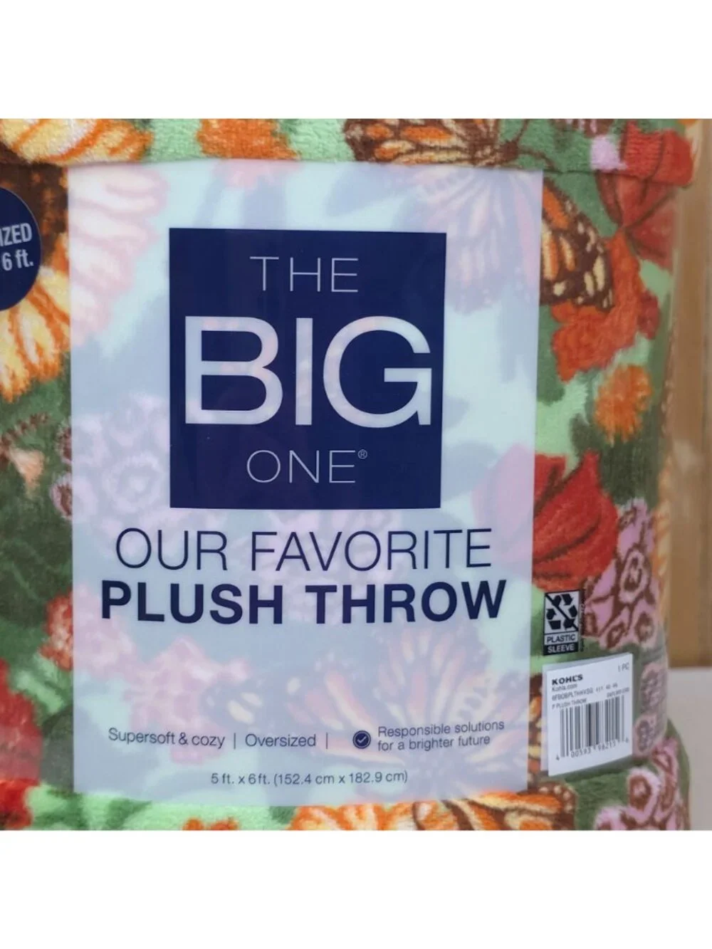 The Big One Oversized Plush Throw Blanket 5x6' Sunflower & Butterfly Print Green